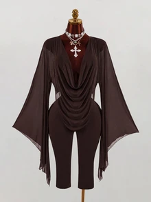 Amplova Women's Dark Brown Vintage 2 Pieces Set, Deep V-Neck Top And 3/4 Length Pants, Sexy Style, Suitable For Fall/, Dating Going Out Club And Daily Wear - Brown - View 4