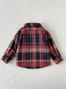 SHEIN Vintaside Kids 1件男嬰格紋鈕扣襯衫 英倫風紅黑塔坦格紋印花口袋長袖翻領常規款 秋季節日派對上衣 - 紅色 - 查看 2