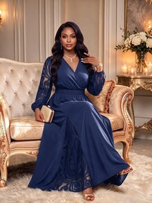 Fleurora Plus Size Women's Contrast Lace Lantern Sleeve V-Neck Elegant Dress - Navy Blue - View 6