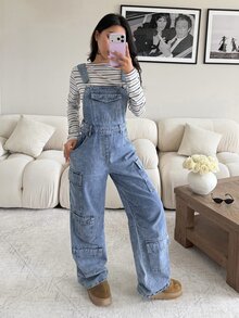 Rivivi Women's Button Design Cargo Pocket Wide Leg Casual Denim Overalls - Blue - View 6