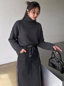 DAZY Women's Autumn/Winter Versatile Casual Solid Color Turtleneck Sweater - Grey - View 6