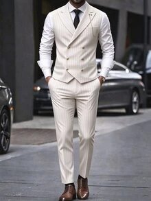 Manfinity Mode Setelan Jas Pria Musim Semi/Panas untuk Pernikahan, 2 Potong, Blazer Bergaris, Rompi & Celana, Setelan Formal Bisnis, Upacara. - Aprikot - View 1