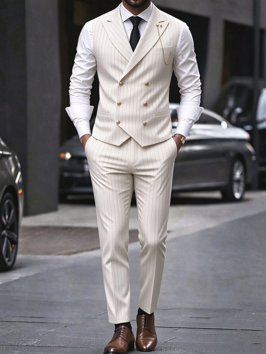 Manfinity Mode Setelan Jas Pria Musim Semi/Panas untuk Pernikahan, 2 Potong, Blazer Bergaris, Rompi & Celana, Setelan Formal Bisnis, Upacara. - Aprikot - View 1