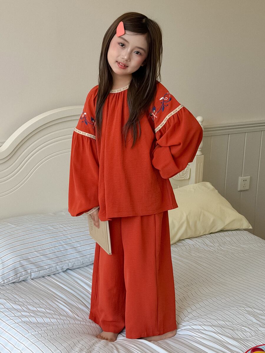 Dazy Kids Tween Girl Round Neck Lantern Sleeve Top + Straight Leg Pants 2 Pieces Loungewear Set - Coral Orange - View 1