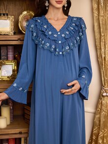 PalaceNights Royal Style Heavy Embroidery Ruffle Trim Patchwork V-Neck Long Sleeve Loose Maternity Nightgown, Long Length Wearable Out - Blue - View 4