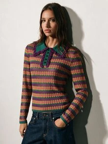 Nöista Sweater Lengan Panjang Kasual Bergaris untuk Wanita, Cocok untuk Sehari-hari - Purple - View 4