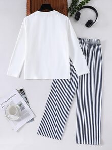 SHEIN 大童男孩圓領騎士圖案長袖上衣與長褲休閒日常居家睡衣套裝 - 彩色 - 查看 2