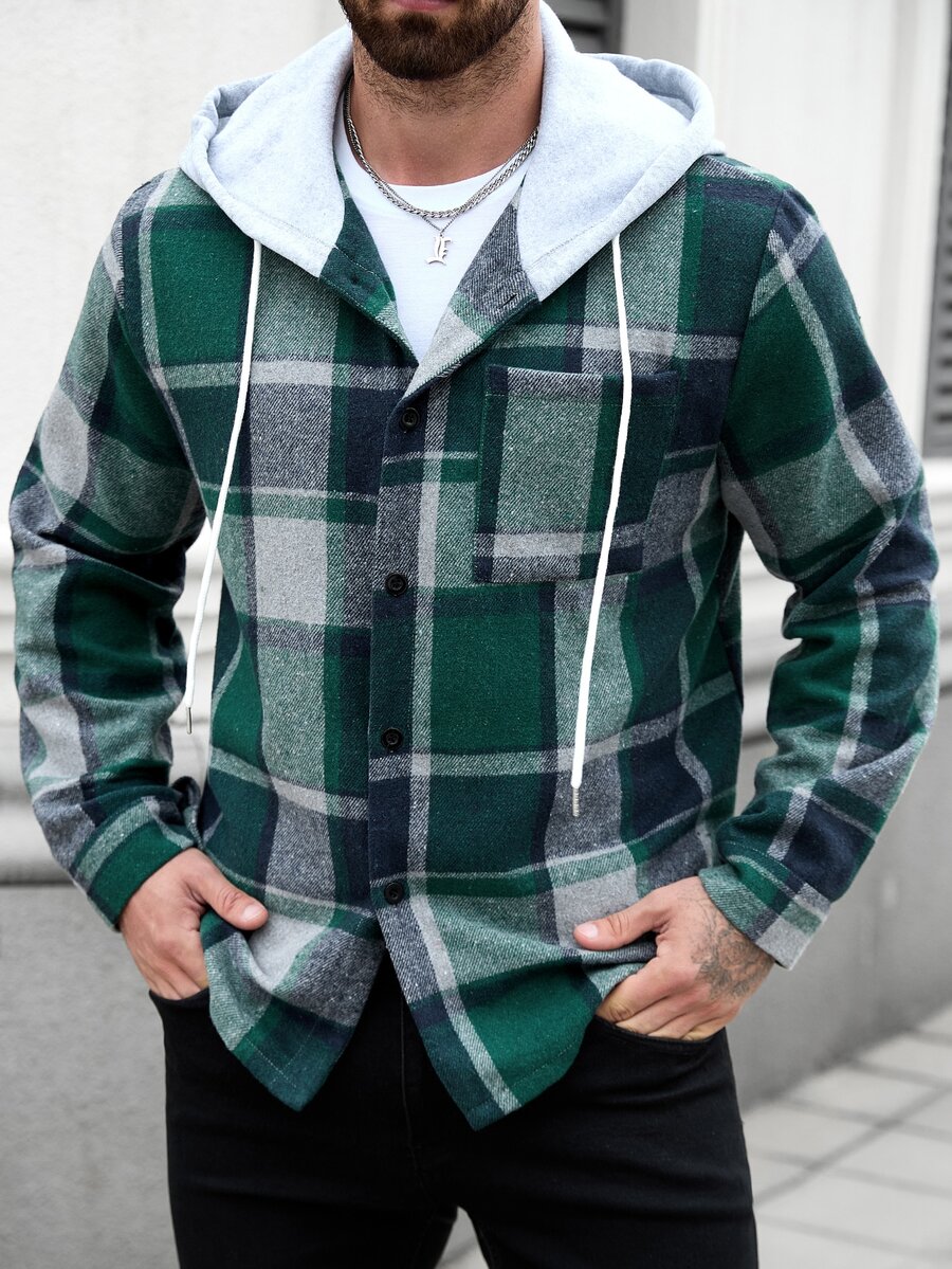 Manfinity CasualCool 男士大尺碼格紋抽繩連帽休閒長袖襯衫外套,不含T恤,男友禮物 - 彩色 - 查看 1