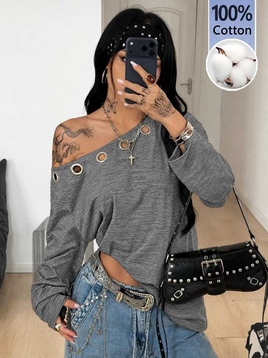 Coolane 女款秋冬街頭風休閒萬聖節 Y2K 性感哥德龐克風 穿孔眼圈飾 舒適 100%純棉 灰色不對稱領長袖 T-shirt - 灰色 - 查看 1