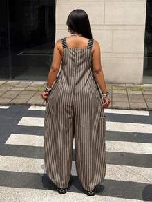 Maweii Plus size khaki cargohängselbyxor med ränder, justerbara axelremmar, lös passform och vida ben, Y2K, cargostil, avslappnad vardagsstil, bekväm casual för hösten - Multifärgad - Visa 3
