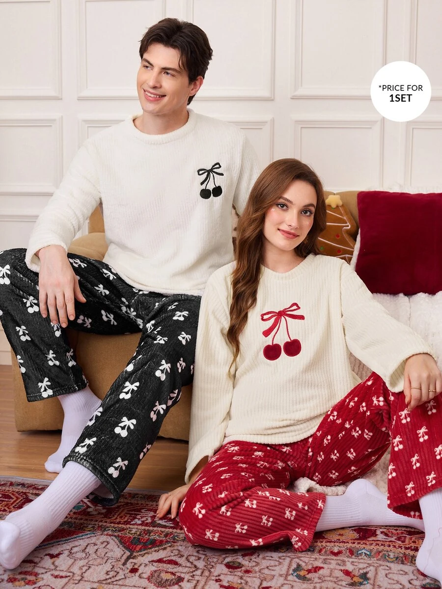 CoupledUp 2pcs/Set Cute Casual Minimalist Comfortable Home Wear, Round Neck Fleece Cherry Long Sleeve Top And Long Pants - White - View 1