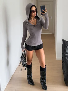 StreetHx Women's Streetwear Autumn/Winter Solid Color Y2K Folded Cross Deep V-Neck Long Sleeve Ribbed Slim Fit Retro Slimming Knit Sweater Top - Grey - View 4