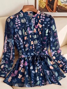SHEIN Clasi 女款花卉印花長袖腰部打結優雅浪漫襯衫，白色花卉秋季早午餐穿搭 - 藏蓝色 - 查看 5