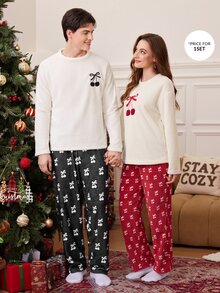 CoupledUp 2pcs/Set Cute Casual Minimalist Comfortable Home Wear, Round Neck Fleece Cherry Long Sleeve Top And Long Pants - White - View 7