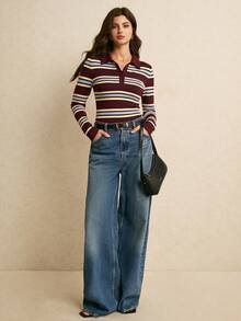 Poéselle Women's Striped Button Half-Placket Long Sleeve T-Shirt,Brown Top,Casual Blouses,Basic Tops,Work Outfits,Cute Tops ,Going Out Tops,Fall/Winter - Brown - View 1