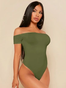 SHEIN SXY 女款露肩純色黑色連身衣套裝 - 軍綠色 - 查看 4