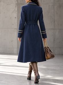 LUMIGAL Gold Ribbon Decor Vintage Fashion Waist Tie Coat Commuter Elegant Women's Overcoat - Navy Blue - View 2