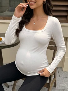 DAZY Solid Color Slim Fit Elastic Ribbed Square Neck Long Sleeve Casual Daily Vacation Korean Style Spring Autumn Maternity T-Shirt - White - View 1