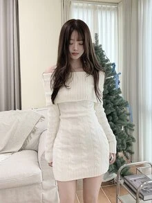 DAZY Solid Color Fitted Square Neck Long Sleeve Elegant Sexy Vacation Korean Style Spring Autumn Short Sweater Dress For Women - White - View 3