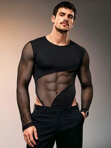 ZURIURI Jumpsuit nam mỏng xuyên thấu ôm sát sexy phối lưới rỗng thời trang - màu đen - Xem 3