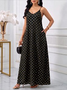 SHEIN Lady 女款波點休閒優雅派對夜出長版細肩帶洋裝，黑色與金色 - 黑色 - 查看 5