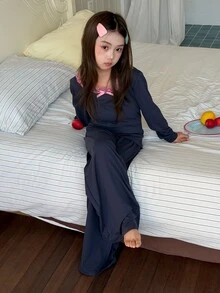Dazy Kids Tween Girl Contrast Lace Bow Decor Long Sleeve Top And Pants Loungewear - Royal Blue - View 6