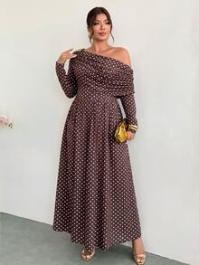 Firerie Plus Size Women's Autumn/Winter Long Sleeve Polka Dot Print Brown Asymmetrical Shoulder Dress - Multicolor - View 5