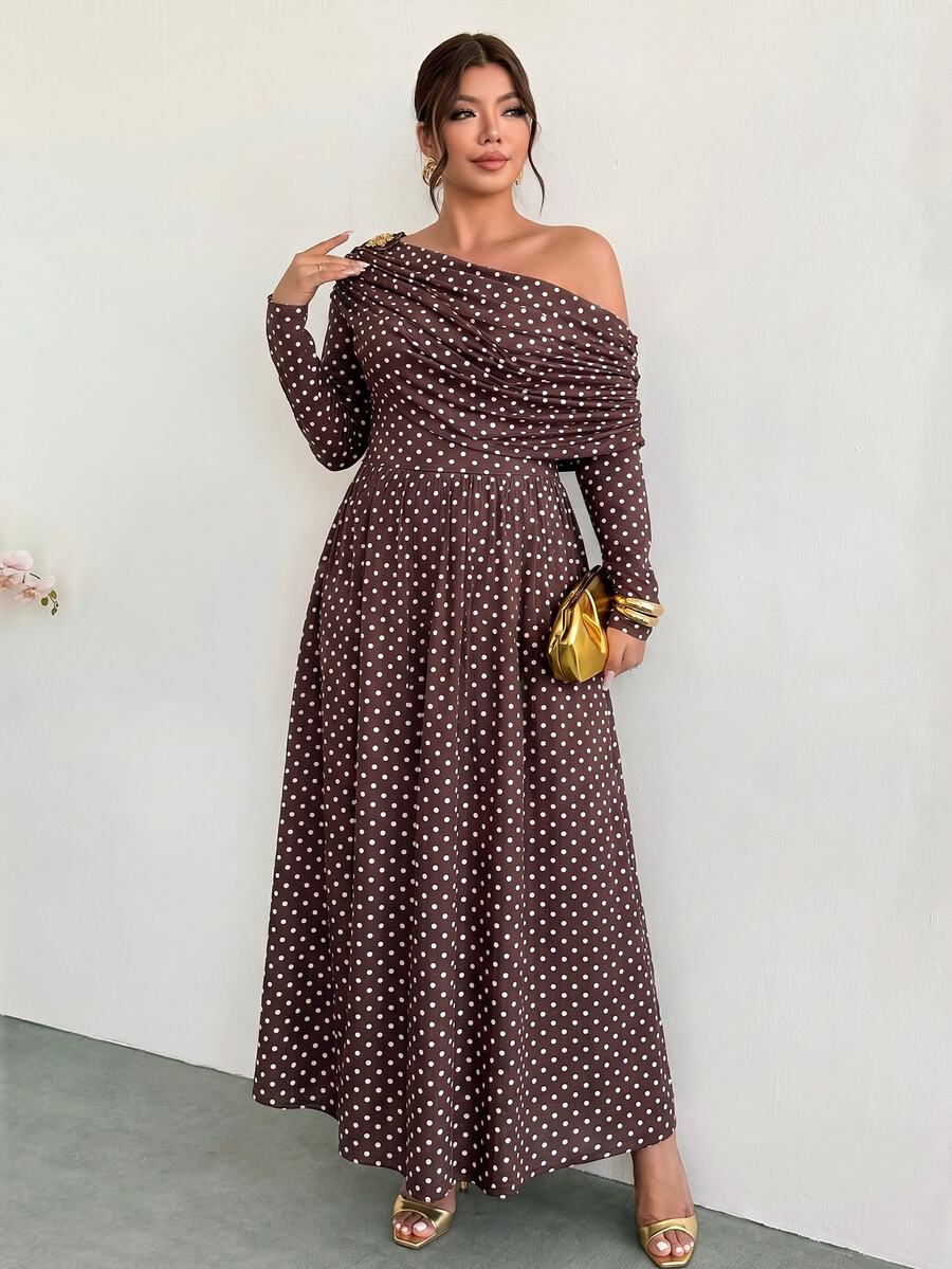 Firerie Plus Size Women's Autumn/Winter Long Sleeve Polka Dot Print Brown Asymmetrical Shoulder Dress Fall - Multicolor - View 1