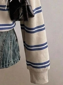 SHEIN EZwear 大尺碼女款休閒半拉鍊寬鬆條紋衛衣，秋冬女裝，返校穿搭，2026秋冬系列，休閒風，Y2K風格，通勤穿搭，基礎款，西部牛仔風，復古風，返校季，外出，校園風，半拉鍊衛衣 - 白色 - 查看 4