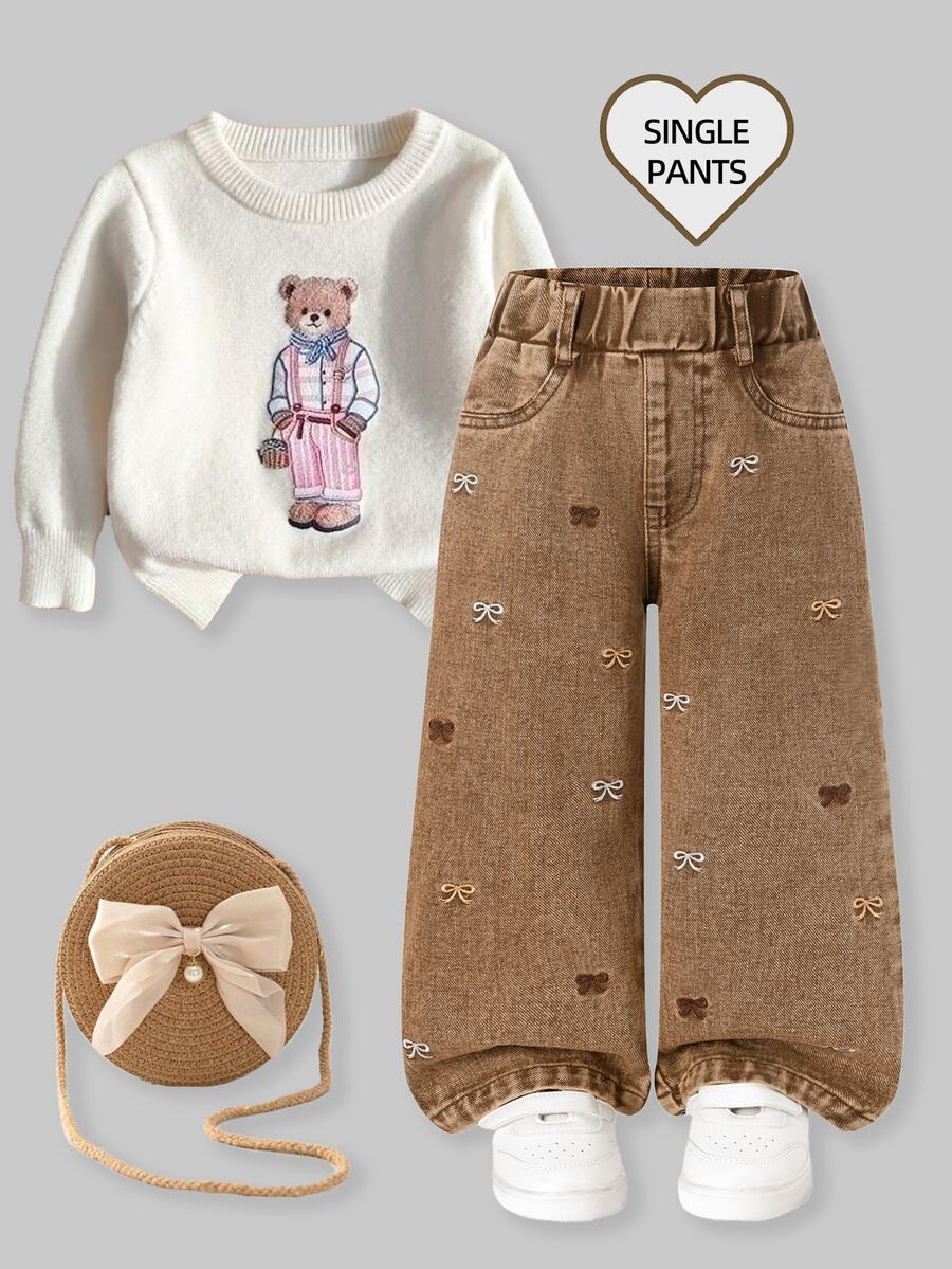 SHEIN Young Girl Elastic Waist Bow Embroidery Slant Pocket Denim Jeans - Khaki - View 1