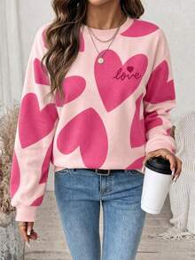 SHEIN LUNE 女款休閒圓領寬鬆衛衣，愛心印花，秋季服飾，適合日常通勤、聚會、夏季、聖誕節、新年、感恩節、派對、婚禮、海灘、出遊、約會、情人節，優雅，度假，Y2K - 白色 - 查看 3