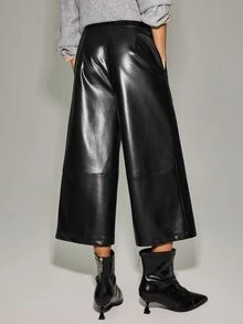 Anewsta Essential Elegant Black PU Straight Leg Ankle Pants With Center Seam For Women, Spring/Autumn Weekend Party - Black - View 2