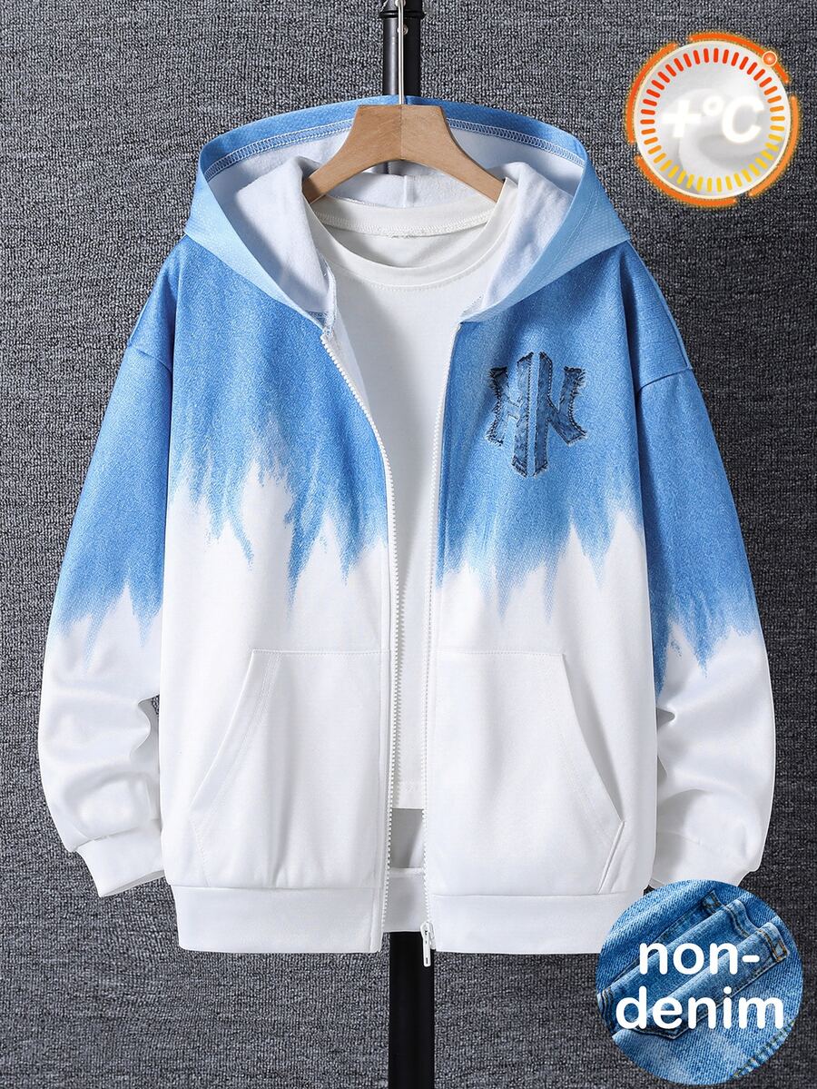SHEIN 青少年男孩字母印花拉鍊連帽衛衣，內裡刷毛 - 彩色 - 查看 1