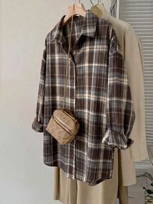 SHEIN LUNE 大尺碼極簡風 1950s 復古 1920s 90s 80s 休閒格紋單排扣長袖襯衫 開學季早午餐辦公室穿搭 棕色秋季 - 彩色 - 查看 3