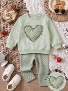 Baby Girls Heart Patchwork Sweatshirt & Straight Pants Set, Cream & Brown, Polka Dot (2 Pcs) Fall Winter - Multicolor - View 5