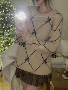 DAZY Women's Round Neck Loose Plaid Bow Decor Casual Pullover Sweater - Camel - View 5