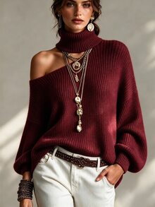 SHEIN 新款秋季精緻不對稱鏤空高領女款華夫格針織毛衣 落肩 泡泡袖口 S - 酒紅色 - 查看 1