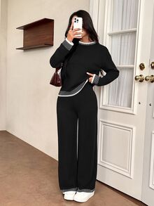 SHEIN PETITE 女款純色圓領長袖毛衣與長褲休閒套裝，常規版型，秋冬季 - 黑色 - 查看 3