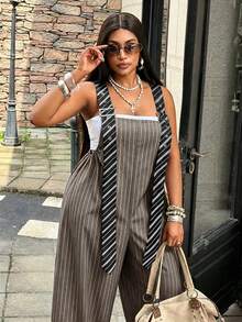 Maweii Plus size khaki cargohängselbyxor med ränder, justerbara axelremmar, lös passform och vida ben, Y2K, cargostil, avslappnad vardagsstil, bekväm casual för hösten - Multifärgad - Visa 2