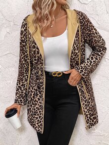 SHEIN Clasi 女款防水豹紋可翻面連帽外套 - 黃色 - 查看 5