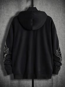 AKNOTIC Loose Men Spider Web Print Zip Up Hoodie Without Tee - Black - View 8