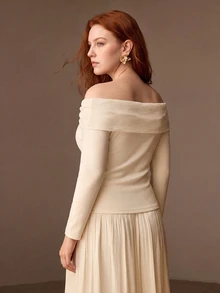 MOTF PREMIUM PLUS SIZE WOMEN'S AUTUMN/WINTER OFF-SHOULDER ELASTIC KNIT BOW T-SHIRT TOP - Apricot - View 6