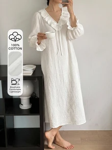 DAZY Winter Spring Sweet Solid Color 100% Pure Cotton Ruffle V-Neck Loose Long Sleeve Long Nightgown For Women - White - View 1