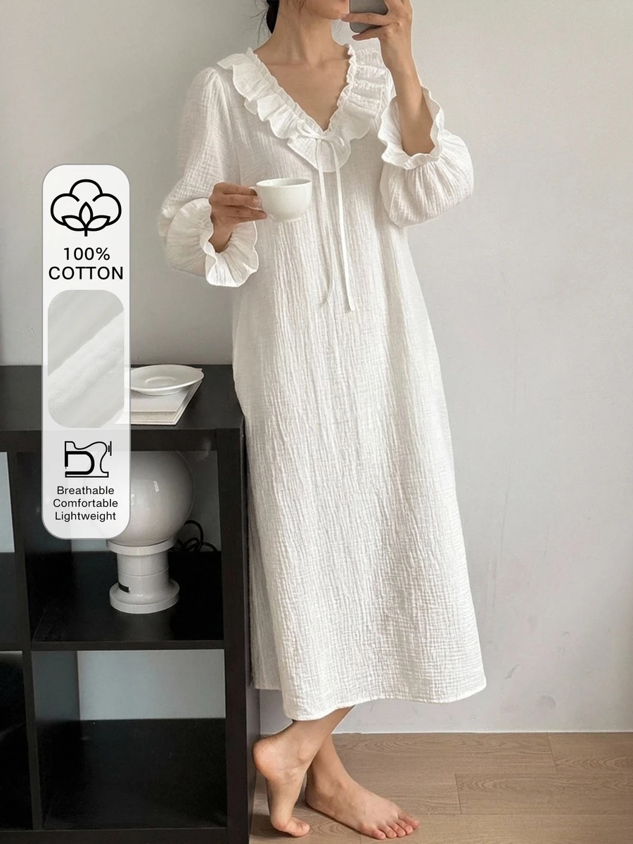 DAZY Winter Spring Sweet Solid Color 100% Pure Cotton Ruffle V-Neck Loose Long Sleeve Long Nightgown For Women - White - View 1