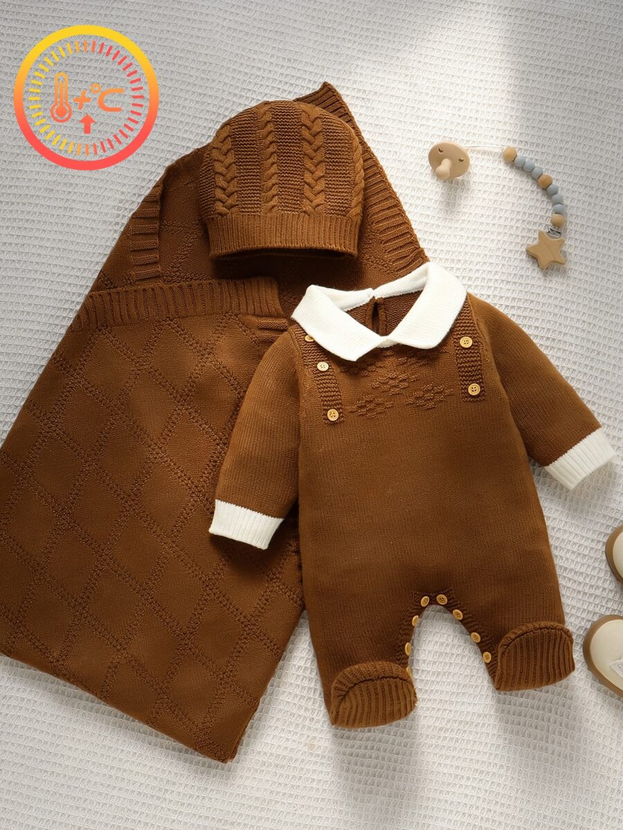 SHEIN Baby Boy Contrast Collar Knit Jumpsuit & Hat & Blanket - Brown - View 1