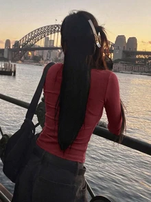 DAZY 女款純色百褶修身百搭日常休閒長袖T恤 - 粉色 - 查看 5