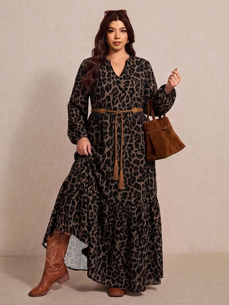 Elaquor Đầm dài màu nâu họa tiết da báo phong cách vintage size lớn, mùa Thu/Đông - Nhiều màu - Xem 1