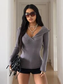 StreetHx Women's Streetwear Autumn/Winter Solid Color Y2K Folded Cross Deep V-Neck Long Sleeve Ribbed Slim Fit Retro Slimming Knit Sweater Top - Grey - View 6