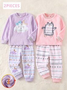 SHEIN 2件組女童幼兒可愛卡通雲朵月亮貼布長袖上衣與長褲 秋冬保暖舒適刷毛休閒家居睡衣 紫色與白色 - 淡紫色 - 查看 1