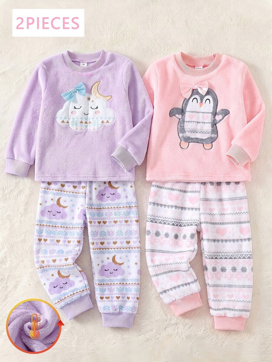 SHEIN 2件組女童幼兒可愛卡通雲朵月亮貼布長袖上衣與長褲 秋冬保暖舒適刷毛休閒家居睡衣 紫色與白色 - 淡紫色 - 查看 1